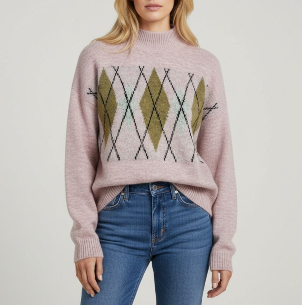 NWT Verve Ami Women's Large Blush Pink Argyle Sweater Long Sleeve Knit
